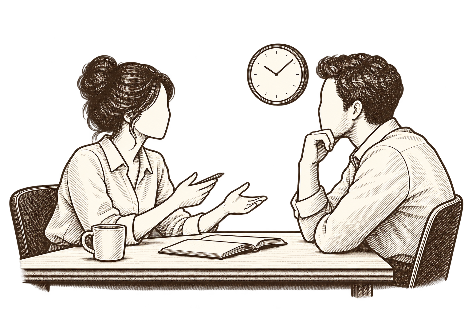 Dos personas de perfil en una mesa simple, con una taza y un cuaderno, y un reloj de pared al fondo: una hora de conversación, dibujada a una tinta.
