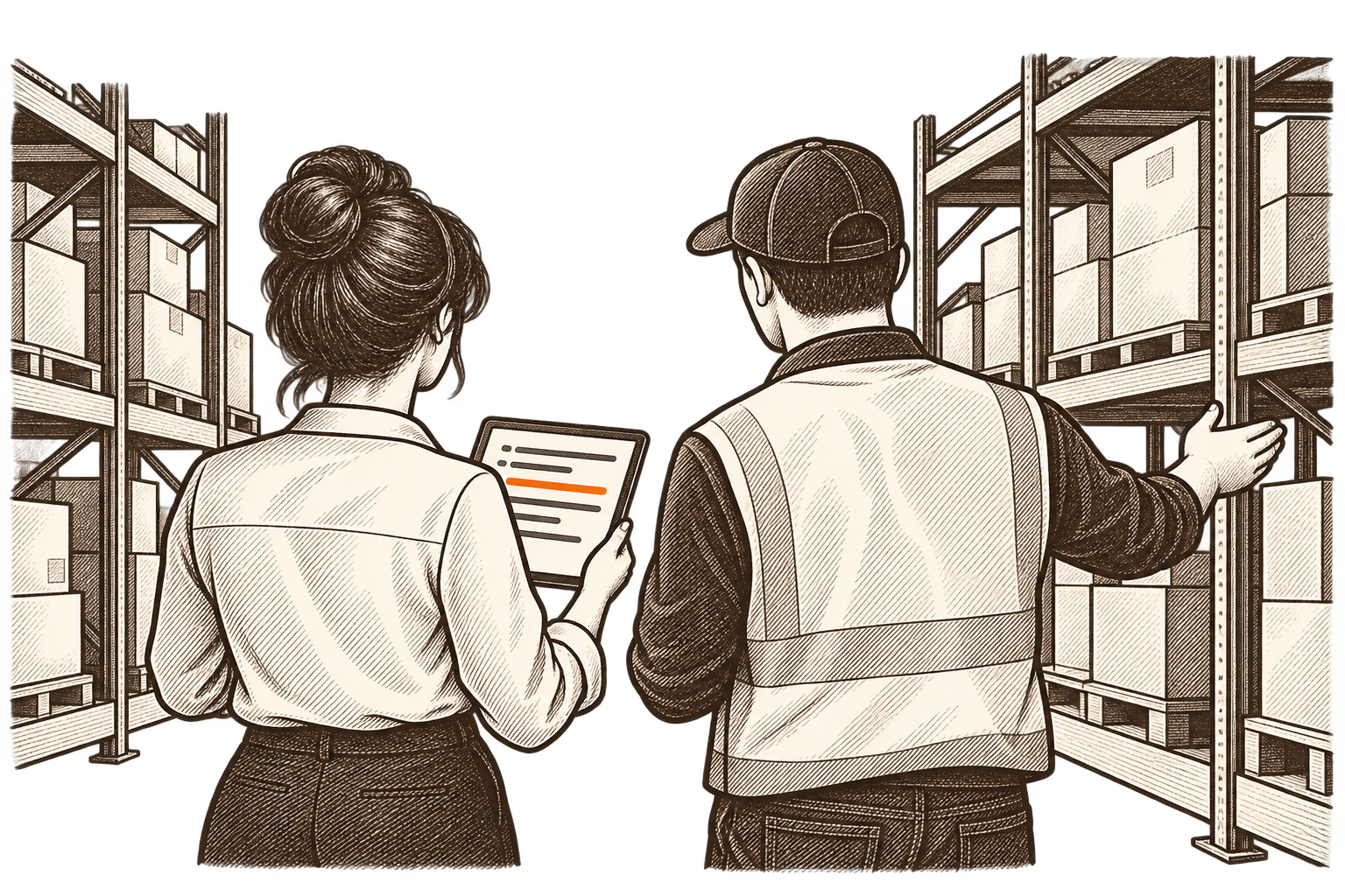 Una auditora de espaldas, con una tableta, recorre un depósito con una persona de la empresa que le señala las estanterías. En la tableta, una línea naranja: lo que ya estaba preparado. Dibujo a una tinta.